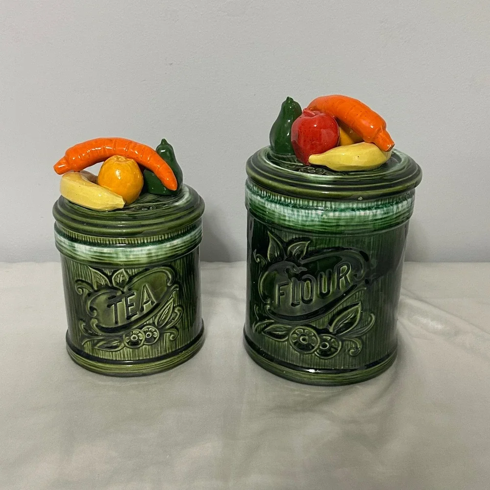 Vintage Fruit Lid Ceramic Canister Avacado Green Tea Flour Jars Good Retro MCM